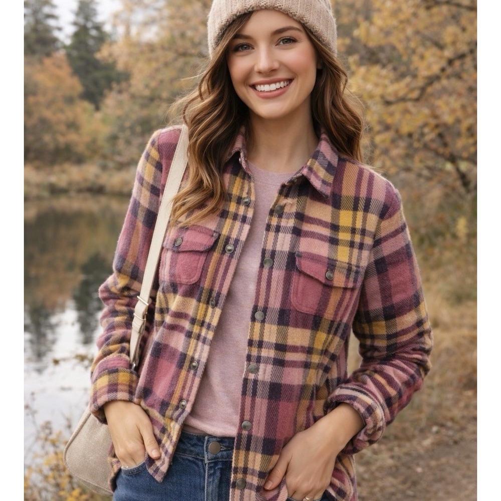 Faherty Plaid Flannel Button Down Womens Small Plum Mustard Long Sleeve Shirt